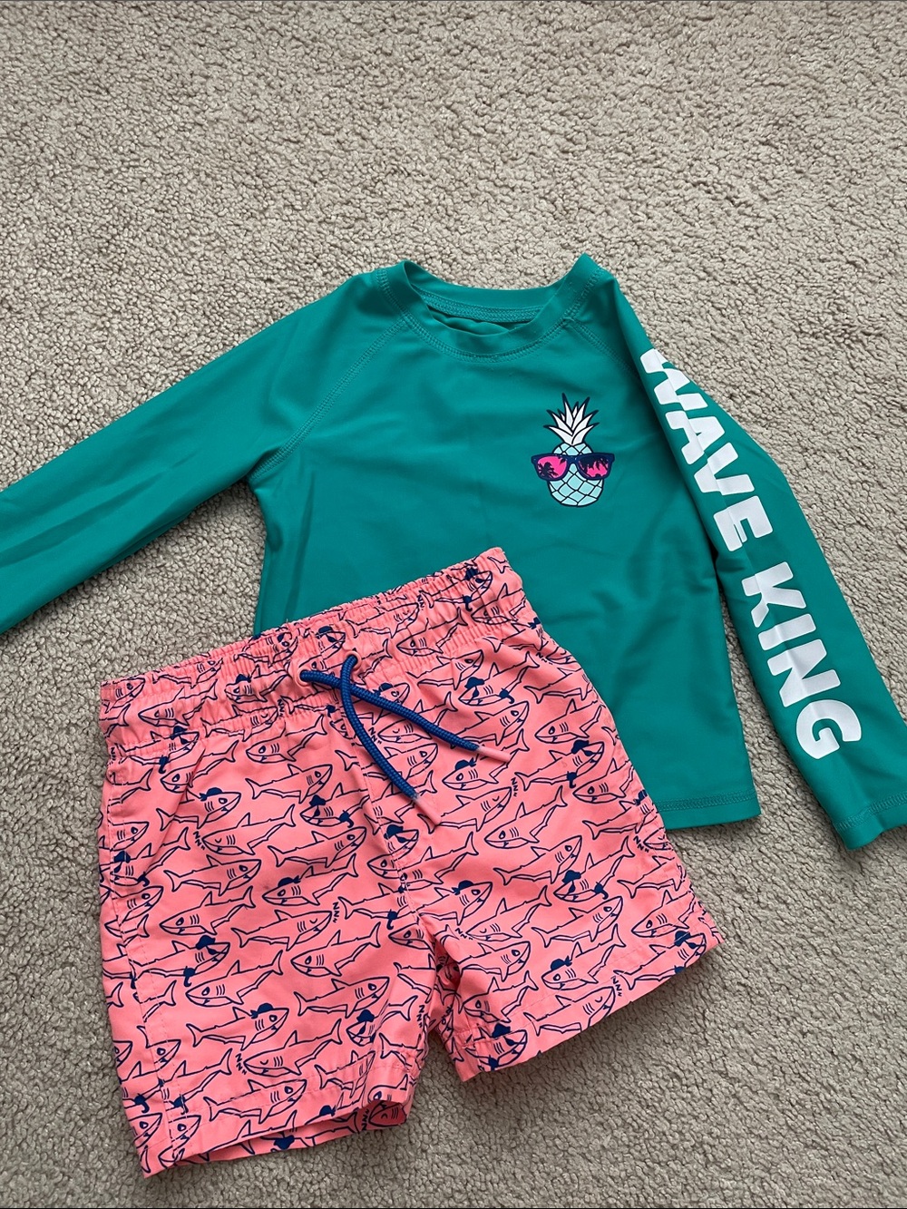 Kids' Teal Rash Guard & Pink Shark Swim Shorts Set